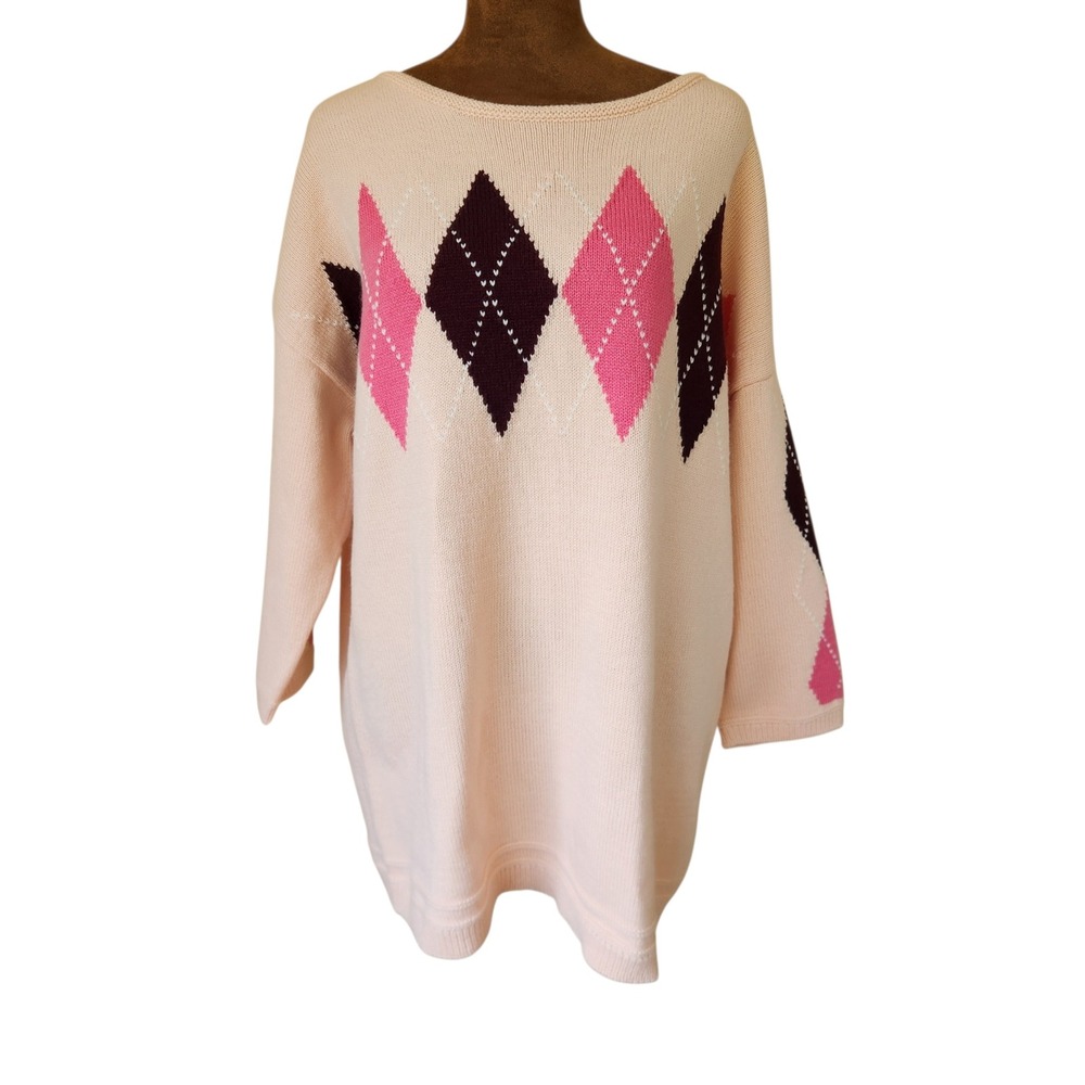 New York & Company Peach Pink Argyle‎ Oversized Sweater Pink XL Boat Neck